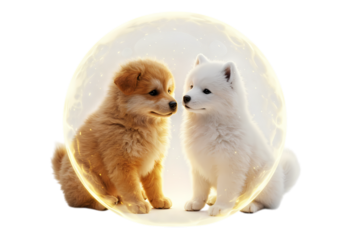 Two Puppies Facing Each Other within a Luminous Oval on Transparent background
