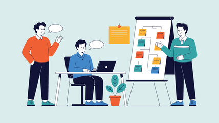 Fototapeta premium Flat Vector Illustration of Business Team Meeting – Group of People Brainstorming, Talking, and Planning Marketing Strategies with Businessman Working on Laptop at Desk