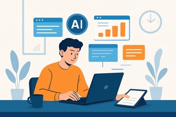 Fototapeta premium Young Man Using Laptop and Digital Data Charts in Modern Workspace