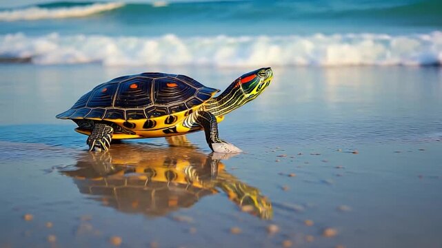 Colorful turtle walking on beach, reflecting in shallow water. Ocean waves in the background