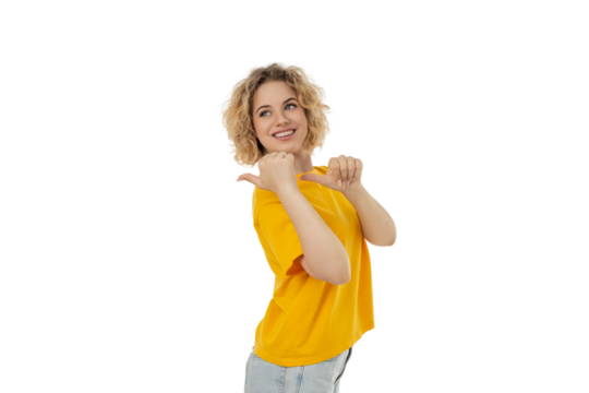 Curly-haired woman smiles and points, isolated on white, PNG