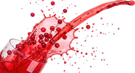 Cranberry Juice Splash With Fresh Berries Bursting From Overturned Glass Against Transparent Background