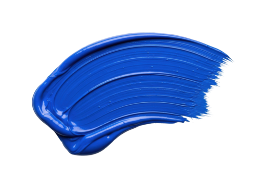 A single, bold, thick royal blue brushstroke with visible texture and pigment variations, presented as a dynamic, energetic sweep against a transparent background with ample copy space, concept of