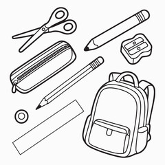 Collection of black and white line art school supplies including a backpack scissors pencils and pencil case