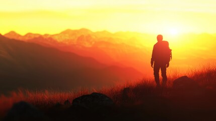 Fototapeta premium Sunset Hiker: A Silhouette of Solitude in the Majestic Mountains