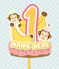 cute hand drawn banana and monkey cartoon of birthday cake topper design art