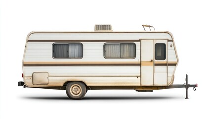 Side view of a vintage, weathered, off-white travel trailer, isolated on white background.  Shows a dusty, slightly aged camper with tan accents, windows, and a hitch.