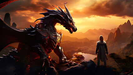 knight and the dragon in magical landscape3d art illustration for book illustration or book cover.