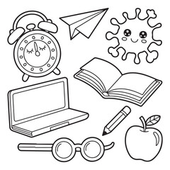 Black and white outline illustration of school supplies including an alarm clock laptop book pencil glasses apple and
