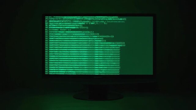 Computer monitor displaying green code