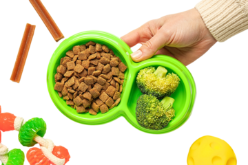 Bowl contains kibble and broccoli for pets meal, isolated on white, PNG