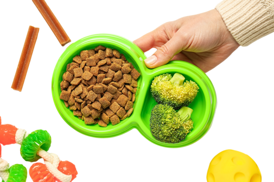 Bowl contains kibble and broccoli for pets meal, isolated on white, PNG - Powered by Adobe