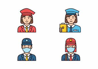 Set of colorful cartoon icons depicting professional workers in uniform, including postal carriers and officials, some wearing face masks.