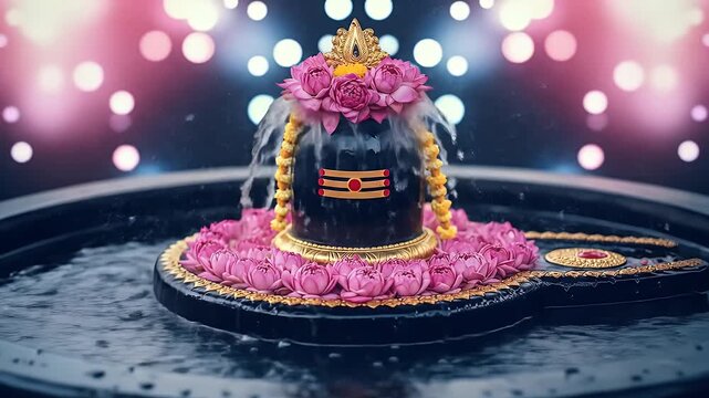 Sacred Shiva Lingam beautifully adorned with lotus flowers and flowing water in a vibrant spiritual setting, evoking peace and devotion