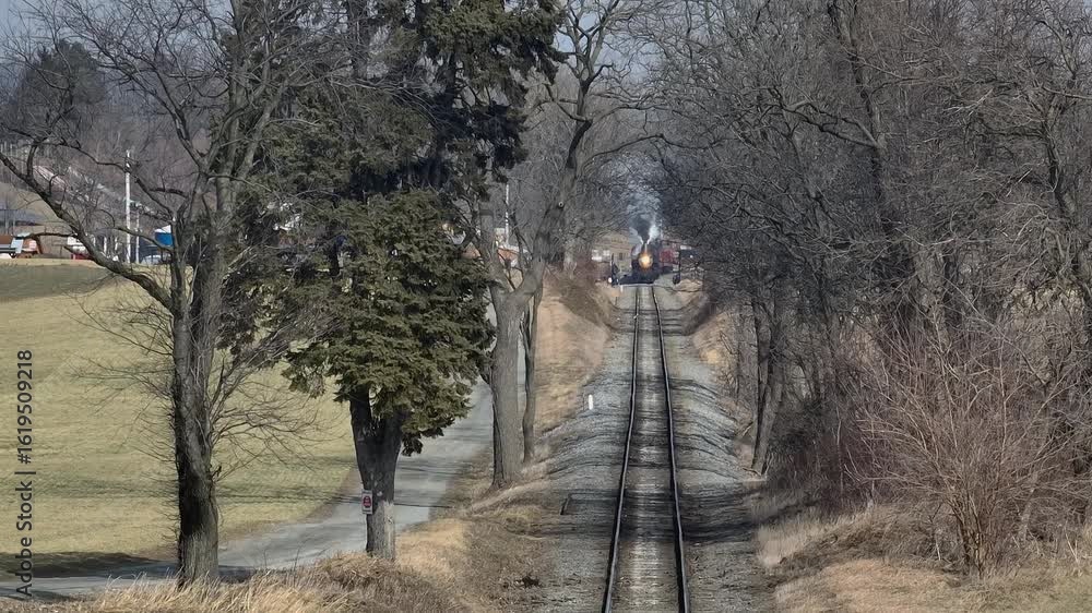 Poster a steam train travels along a set of tracks surrounded by trees in a rural area. the setting feature