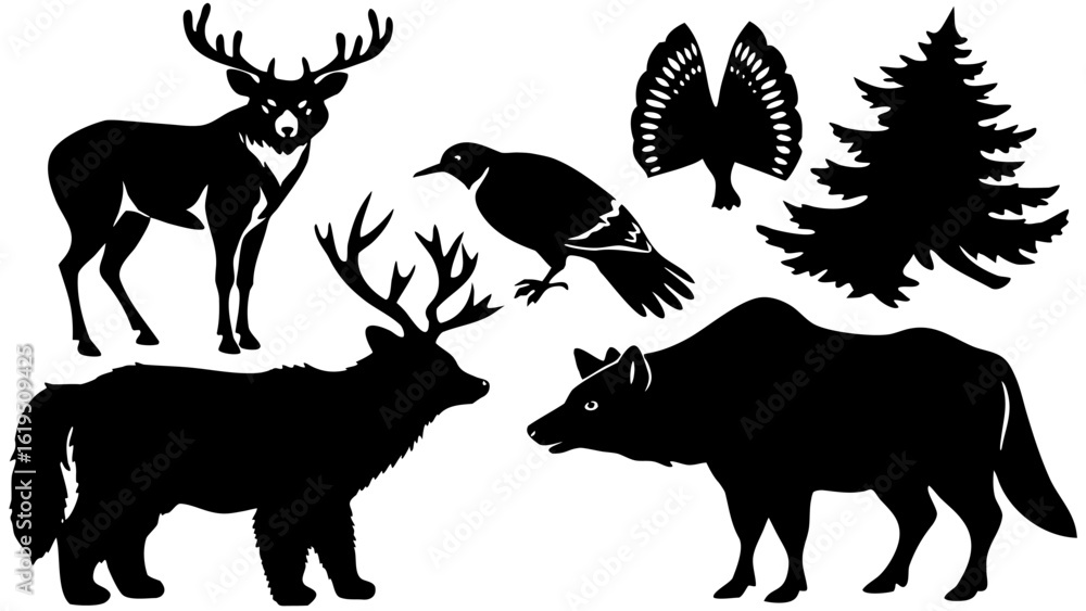 Poster vector silhouette image featuring two deer a bird a grouse a pine tree and two canids in black color
