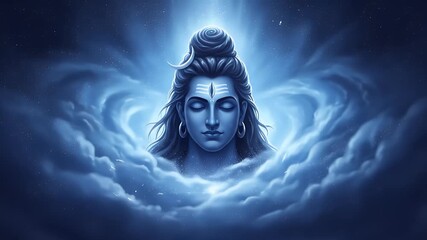 Serene Shiva meditation video, divine peace and cosmic energy flowing in mystical blue clouds, spiritual journey and awakening, powerful and calming
