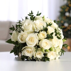 Elegant white rose bouquet on a table (1)