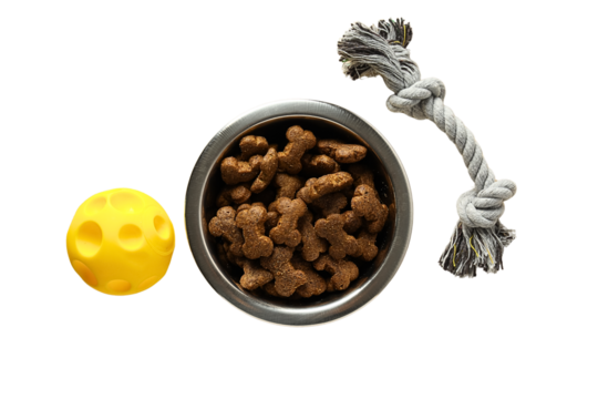 Dog treats and toys on a clear background, isolated on white, PNG