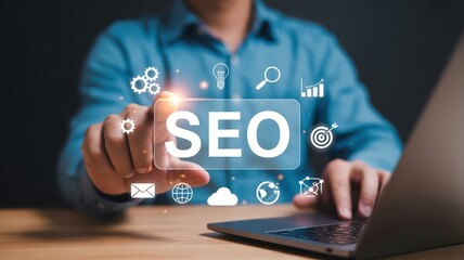 Driving SEO Optimization: A person interacting with a glowing "SEO" icon surrounded by marketing tools, illustrating enhanced website visibility and organic search growth.