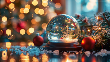 Magical snow globe with christmas tree and ornaments