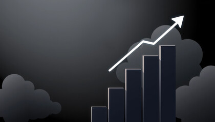 Financial growth concept with rising bar graph and upward arrow against dark background, symbolizing increase and progress in business