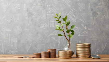 Growth of finance with coins and plant in vase on wooden table against grey wall with abstract patterns