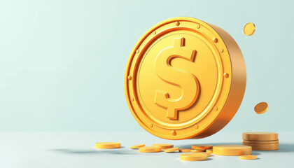 Golden Coin with Dollar Sign on Light Background Symbolizing Wealth, Prosperity, Finance, and Investment Opportunities in Modern Economy