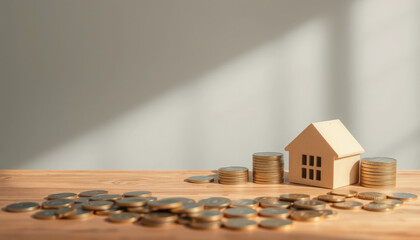 Miniature wooden house surrounded by stacks of coins on a wooden table highlighting financial investment and real estate growth concept