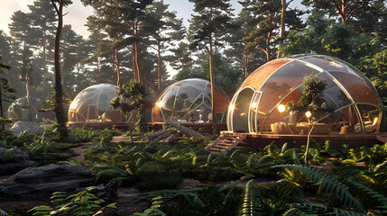 Three geodesic domes nestled among trees and ferns in a forest setting with warm light inside .