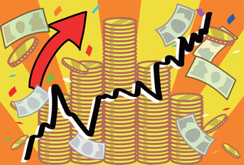株価上昇お金が舞う積み上がったコインのリッチな背景ベクターイラスト
