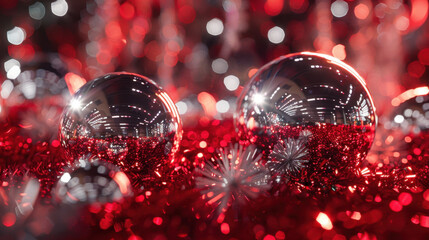 Sparkling silver christmas ornaments amidst red tinsel