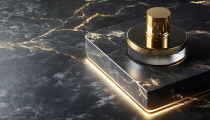 Elegant fragrance mock on charcoal marble with embossed gold edging and soft spot lighting