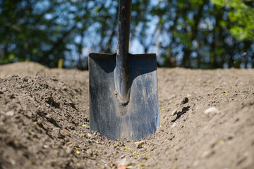 Close-up shot of a shovel standing in freshly tilled earth ready for planting season.