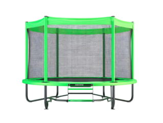 Bright lime green round trampoline with safety enclosure