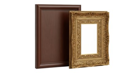 Two distinct rectangular picture frames, a dark brown wooden and an ornate gold, standing upright on a seamless transparent background with ample copy space, concept of design and material comparison.