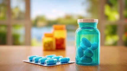 Blue capsules in a clear bottle and blister pack are displayed on a wooden table against a blurred outdoor background