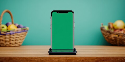 Mobile phone with green screen displayed on wooden table with fruit baskets against light blue background