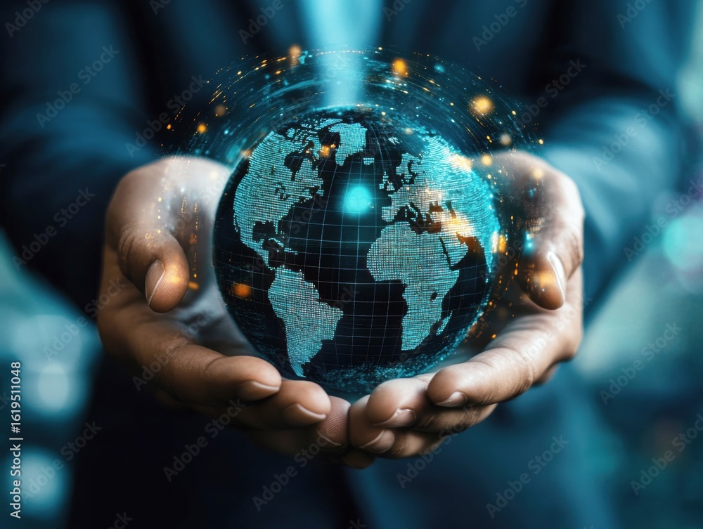 Poster a pair of hands cups a glowing globe, showcasing a digital map of the world. the background features