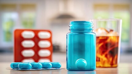 Orange blister pack with white pills blue capsule pills turquoise pill bottle and beverage with ice on a kitchen counter