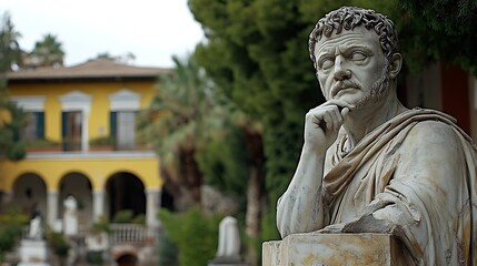 Obraz premium Detailed statue of a historical figure in a garden setting.