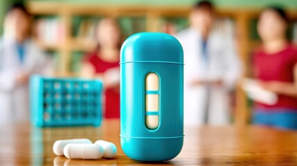 Turquoise pill organizer with pills on a table blurred medical professionals and turquoise pill tray in background