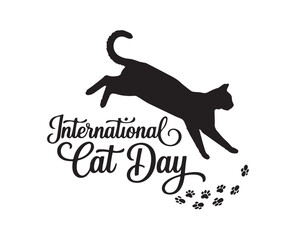 A black leaping cat displays paw prints below, celebrating International Cat Day with a transparent background