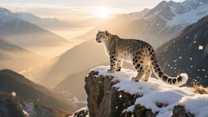A dramatic wildlife scene of a snow leopard on a snowy rock ledge at sunrise in the mountains.
