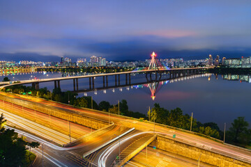 Fototapeta premium Seoul Subway and Seoul City Skyline at Han river Seoul, South korea. July 19, 2025