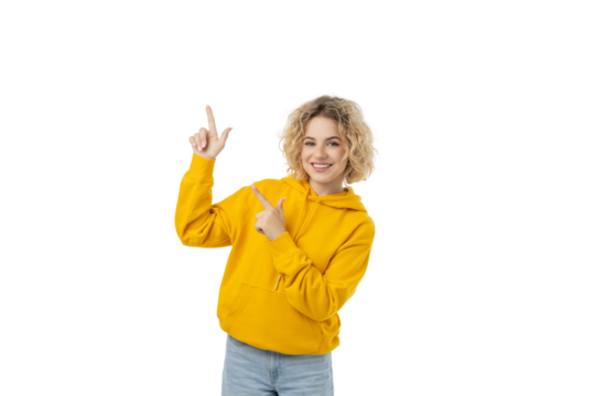 Cheerful girl with curly hair gesturing cheerfully, isolated, PNG