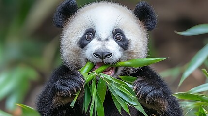 A playful panda cub enjoys a meal of bamboo.