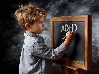 A young boy stands beside a wooden chalkboard, carefully writing the letters ADHD with chalk. The background is softly illuminated, creating a focused atmosphere for learning.