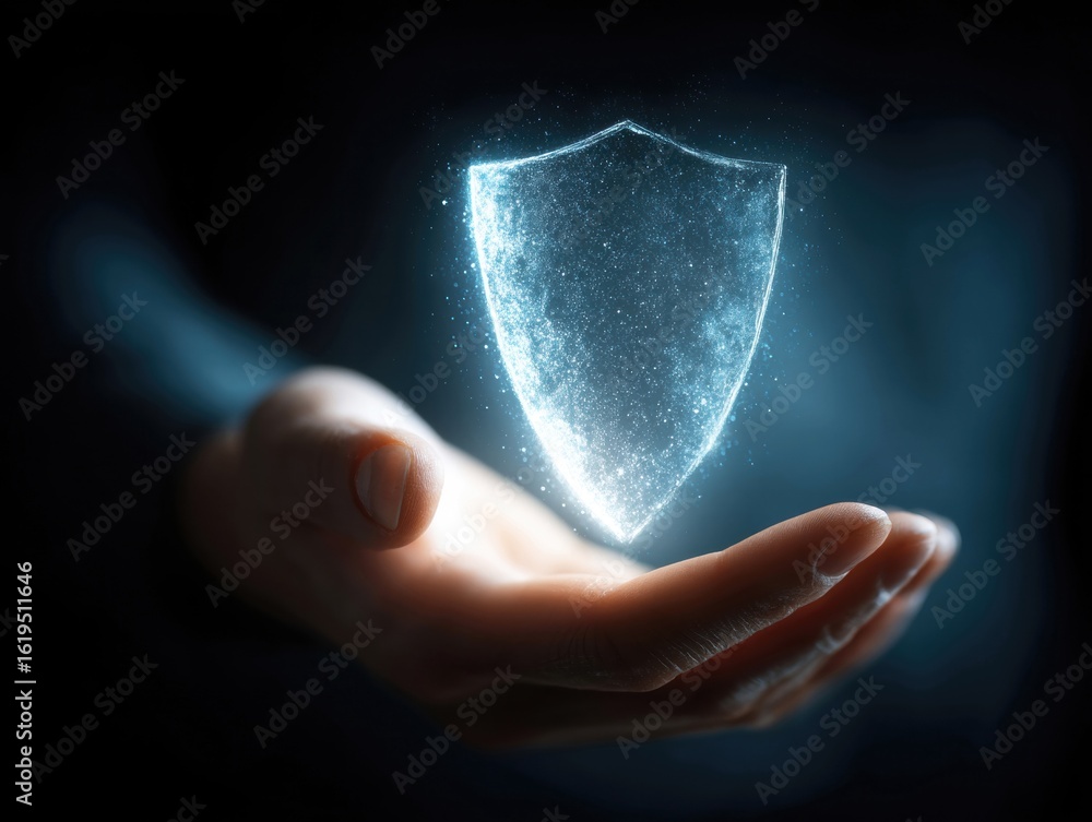 Poster a hand emerges from darkness, holding a glowing digital shield that appears to float. the scene conv