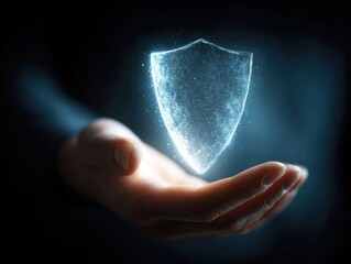 A hand emerges from darkness, holding a glowing digital shield that appears to float. The scene conveys themes of protection and technology in a captivating way.